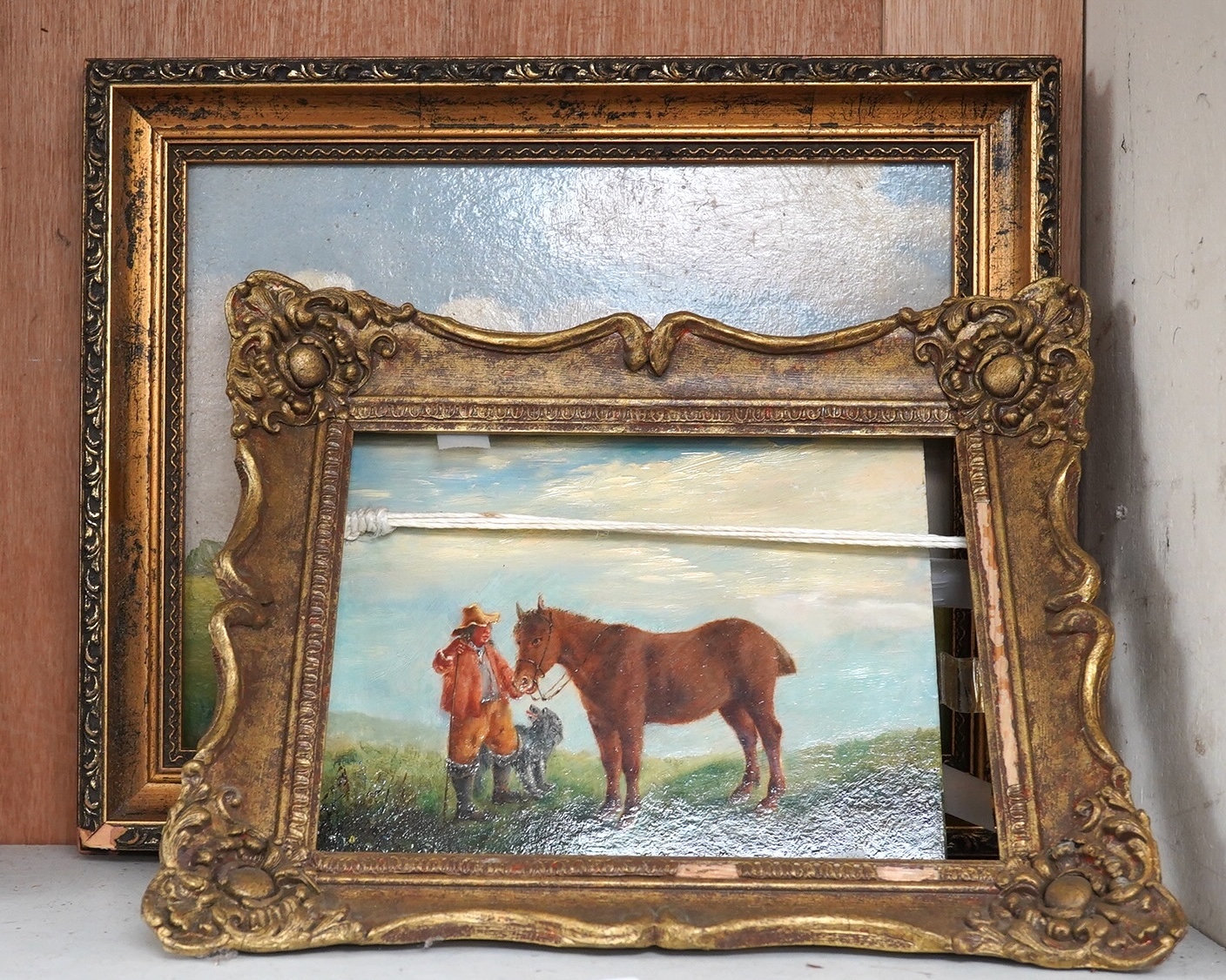 B. Mortimer, oil on canvas board, Study of a horse and foal, together with a similar naive oil on board, shire horse and farmer, one signed, largest 23 x 29cm. Condition - fair